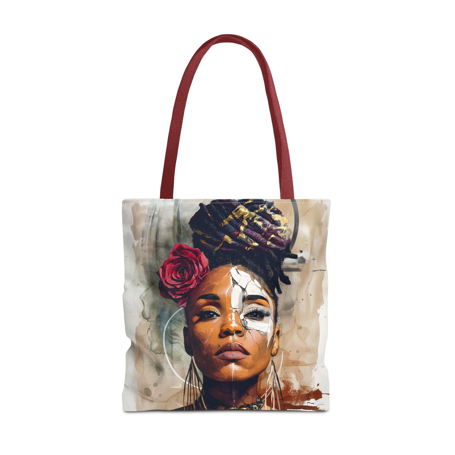 Crowned in Truth Afrocentric Tote Bag, Cracked Portrait Art Tote with Rose, Black Queen Shoulder Bag, Cultural Art Tote for Women