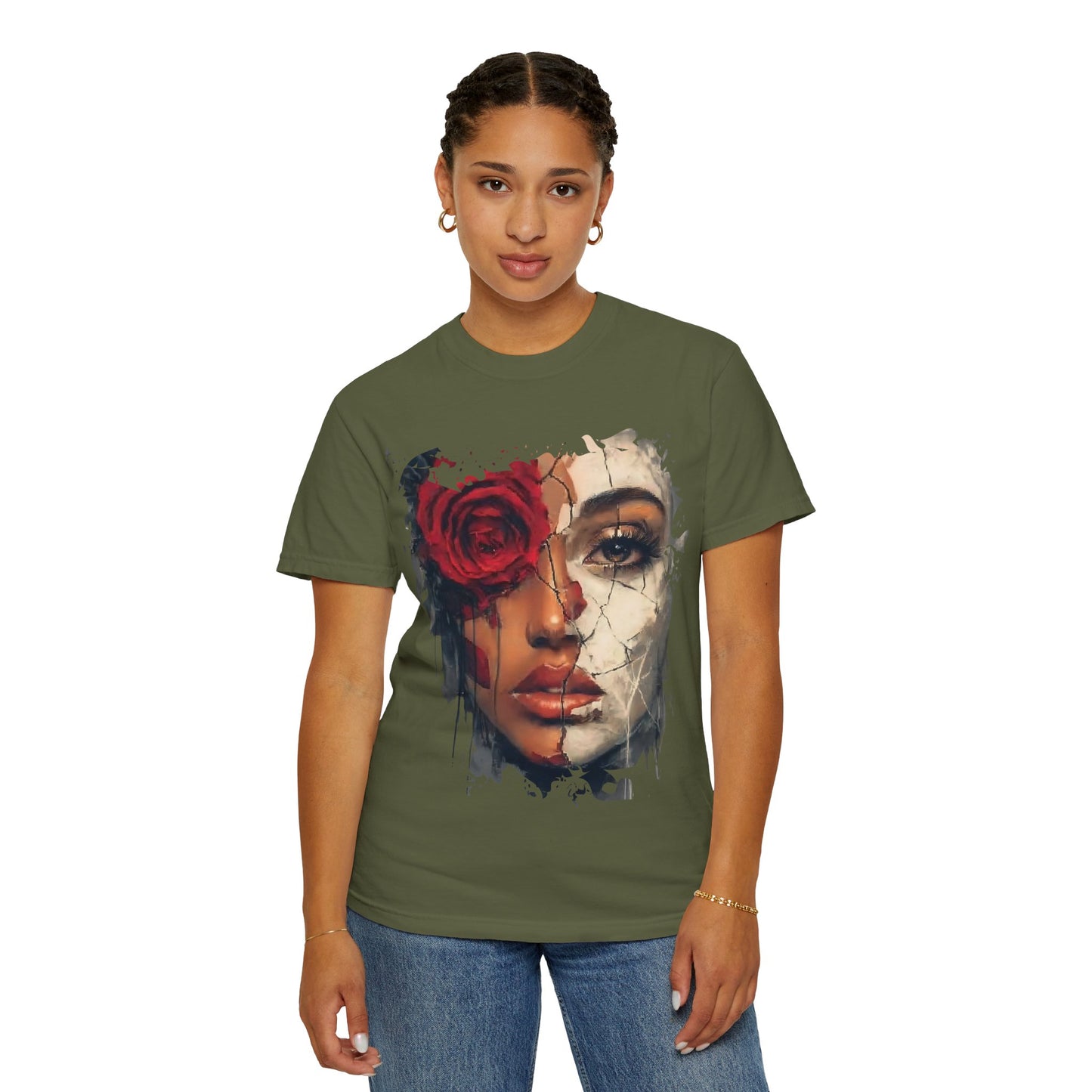 Scarlet Veil Empowerment Tee” or “Cracked Porcelain Resilience Shirt”