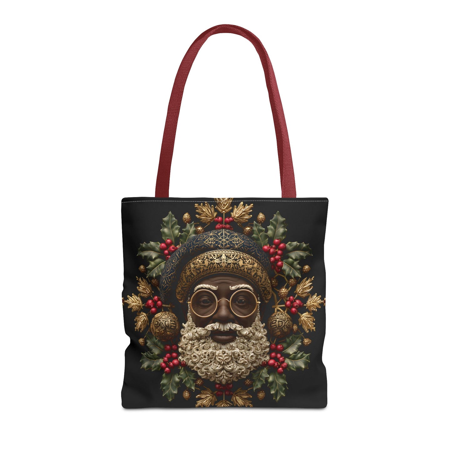 Royal Black Santa Tote Bag – Afrocentric Christmas Tote, Gold & Holly Holiday Design