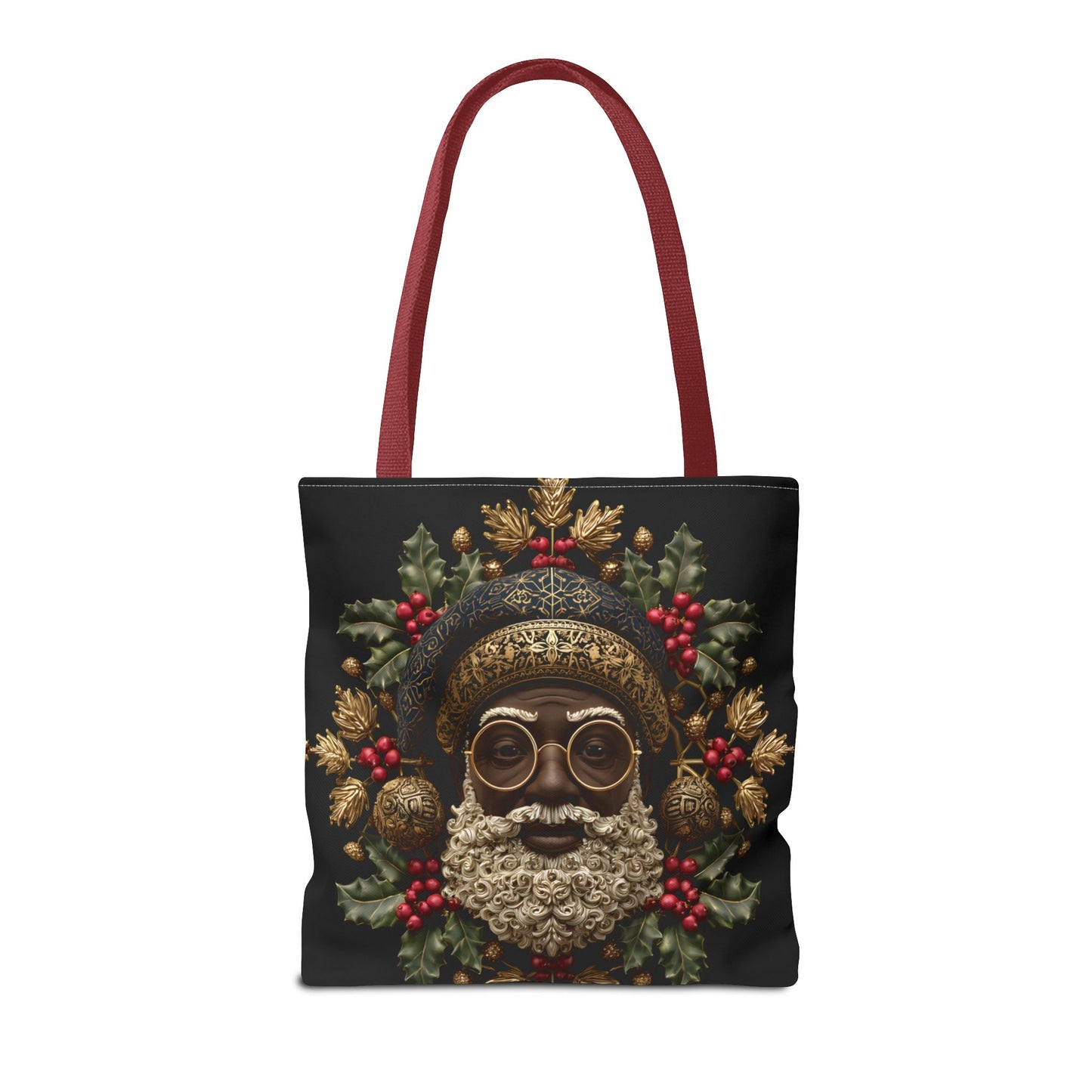 Royal Black Santa Tote Bag – Afrocentric Christmas Tote, Gold & Holly Holiday Design