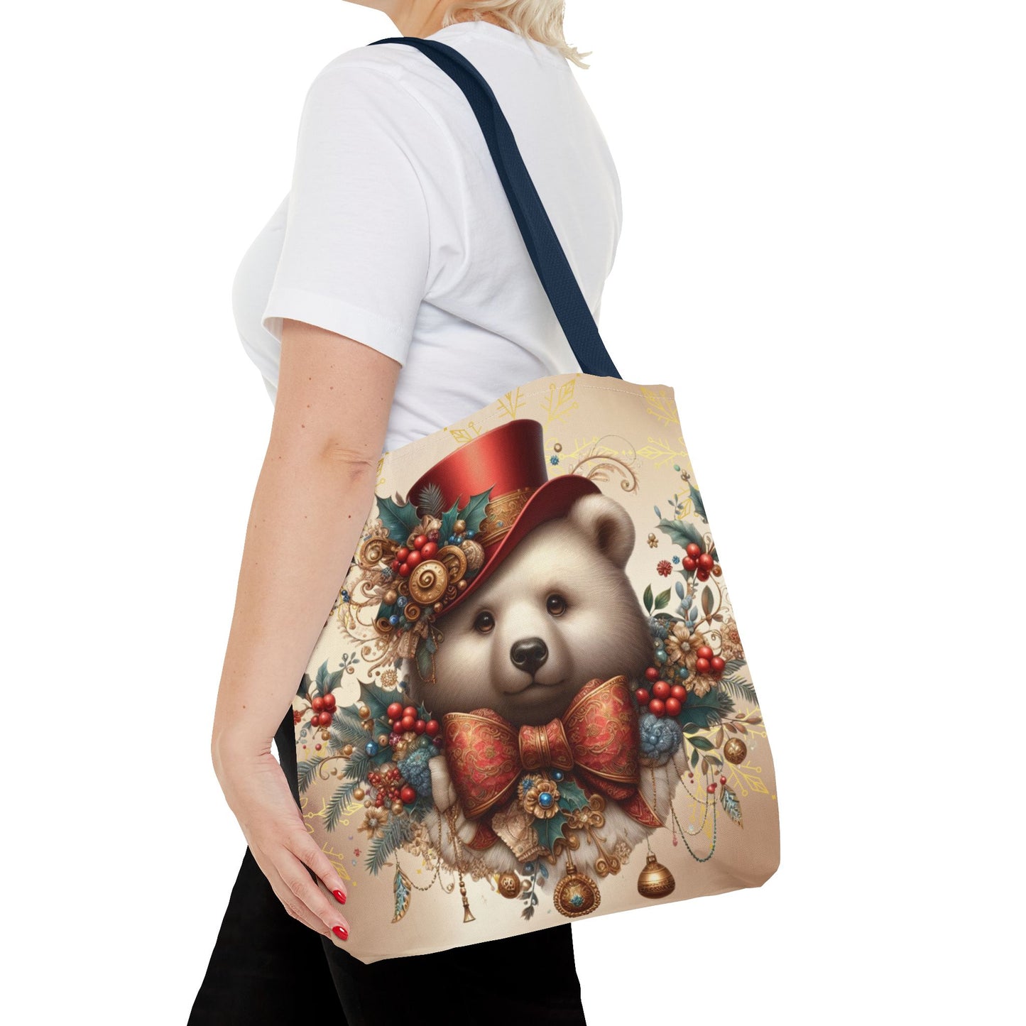 Christmas Bear Tote Bag, Whimsical Holiday Animal Tote, Cute Winter Bear Art Bag, Festive Gift Tote for Women, Seasonal Shopping Bag