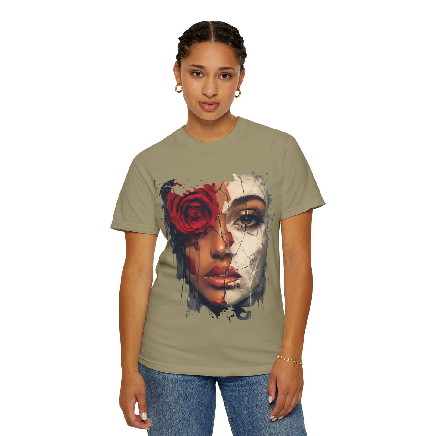 Scarlet Veil Empowerment Tee” or “Cracked Porcelain Resilience Shirt”