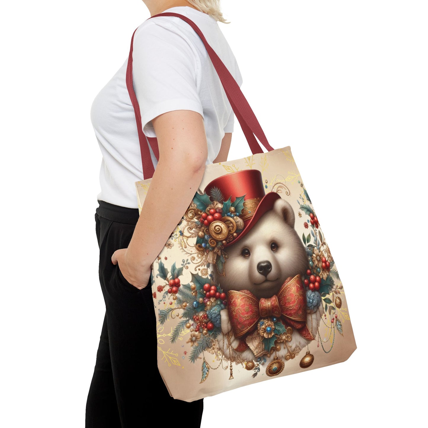 Christmas Bear Tote Bag, Whimsical Holiday Animal Tote, Cute Winter Bear Art Bag, Festive Gift Tote for Women, Seasonal Shopping Bag