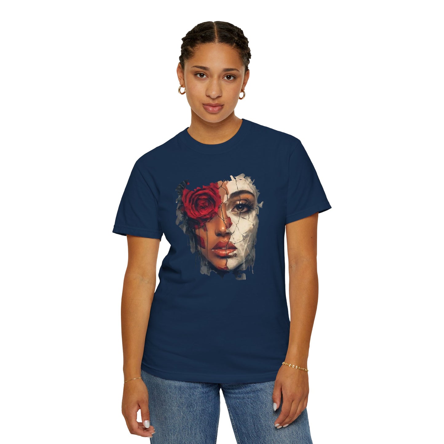 Scarlet Veil T-Shirt | Bold Empowerment Graphic Tee | Feminine Strength & Resilience Art Shirt