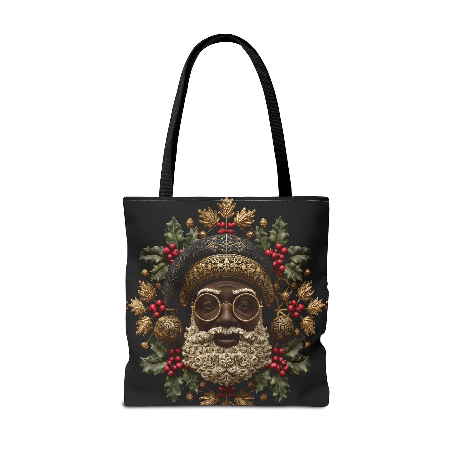 Royal Black Santa Tote Bag – Afrocentric Christmas Tote, Gold & Holly Holiday Design
