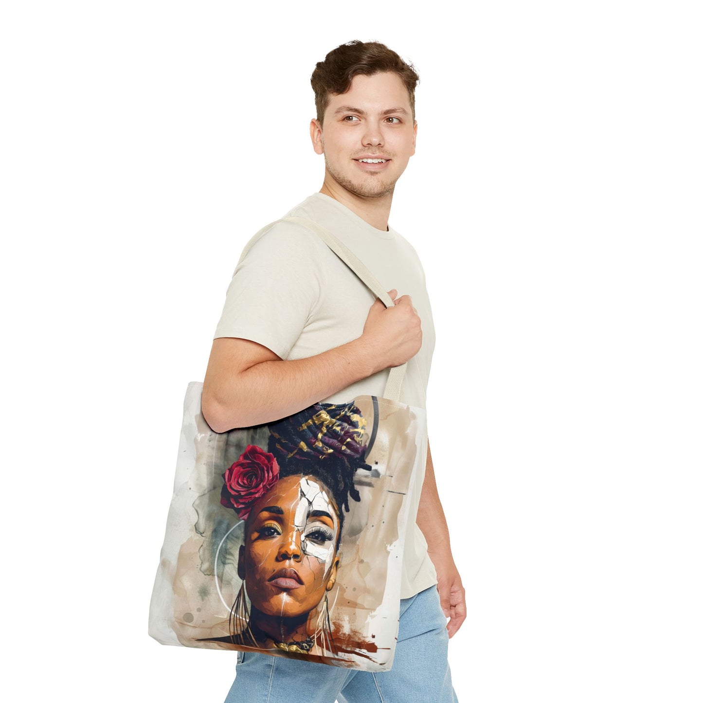 Crowned in Truth Afrocentric Tote Bag, Cracked Portrait Art Tote with Rose, Black Queen Shoulder Bag, Cultural Art Tote for Women