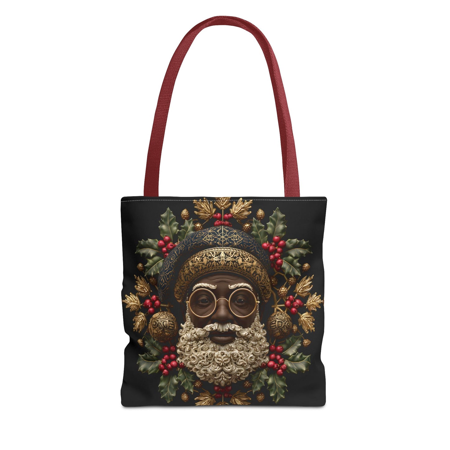 Royal Black Santa Tote Bag – Afrocentric Christmas Tote, Gold & Holly Holiday Design