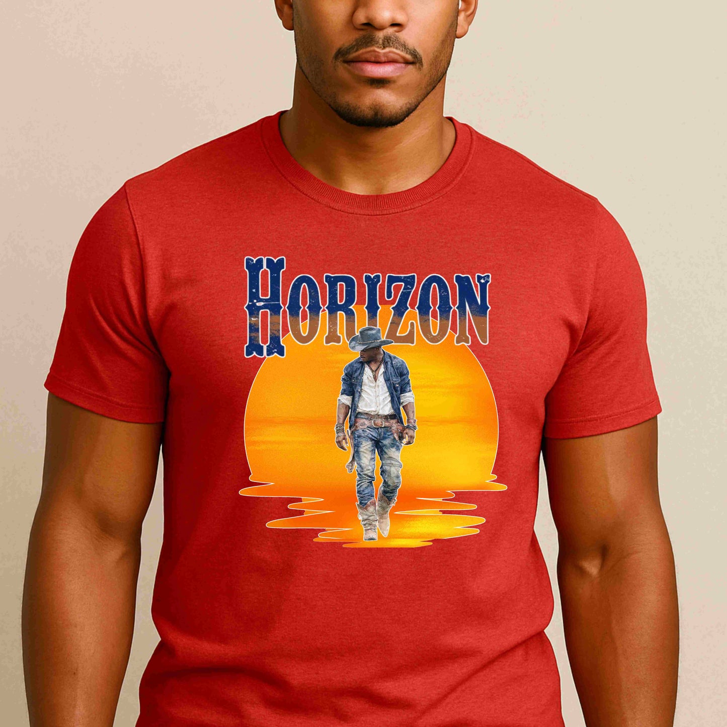 Horizon Cowboy Sunset T-Shirt | Western Country Rodeo Graphic Tee | Rustic Western Wear for Men & Women