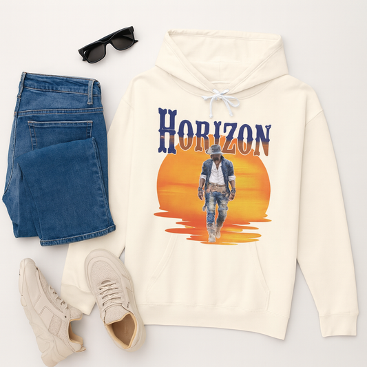 Horizon Cowboy Sunset Hoodie | Western Graphic Unisex Hoodie | Rustic Rodeo Country Style Sweatshirt