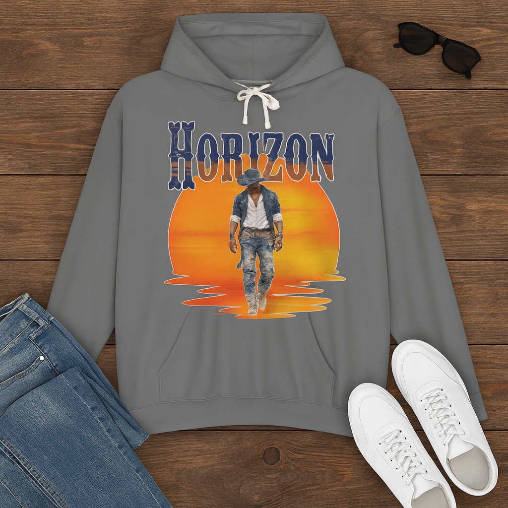 Horizon Cowboy Sunset Hoodie | Western Graphic Unisex Hoodie | Rustic Rodeo Country Style Sweatshirt