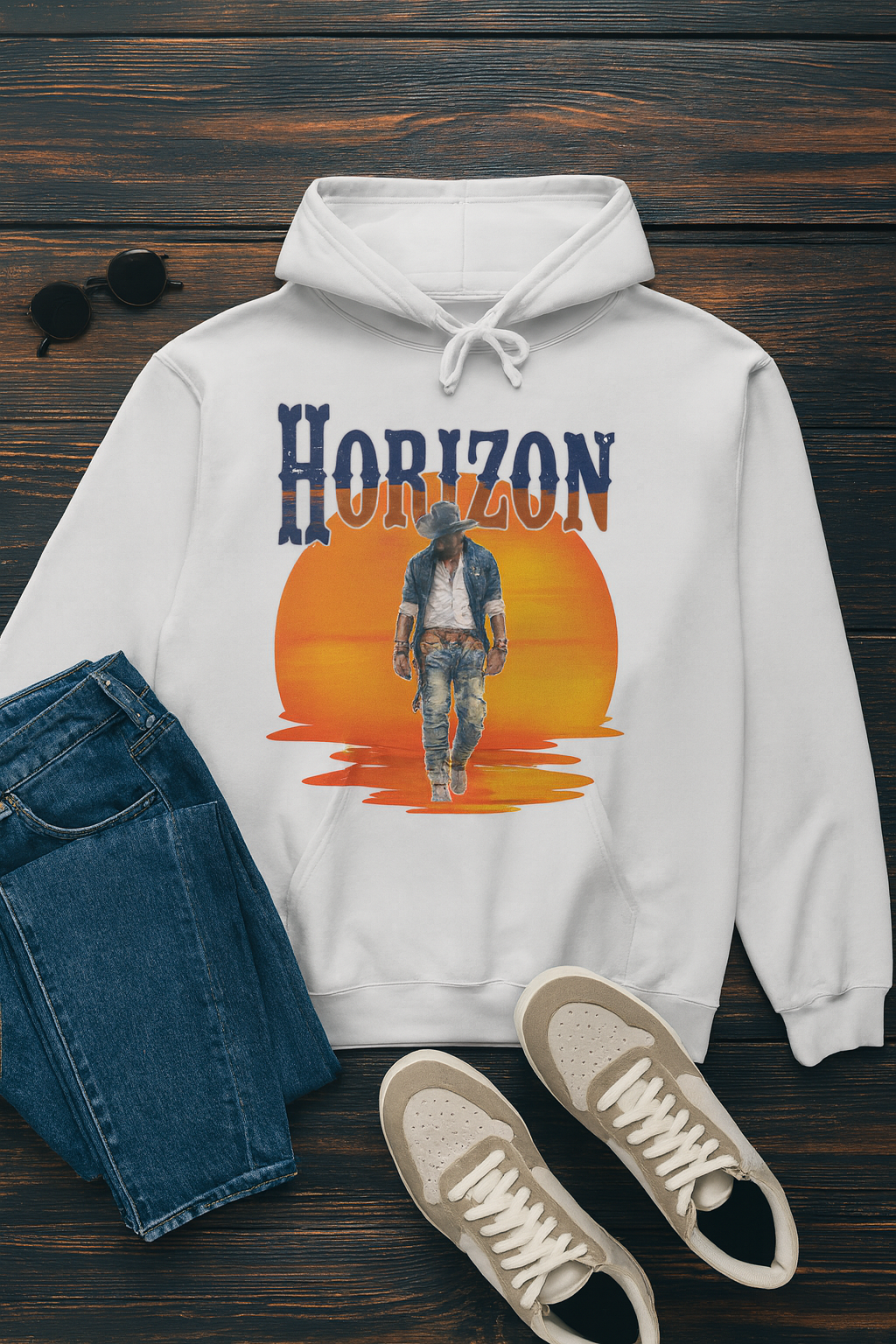 Horizon Cowboy Sunset Hoodie | Western Graphic Unisex Hoodie | Rustic Rodeo Country Style Sweatshirt