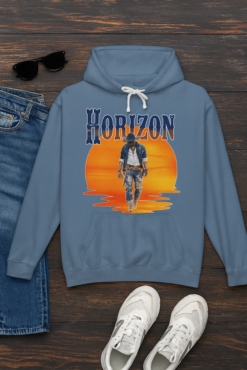 Horizon Cowboy Sunset Hoodie | Western Graphic Unisex Hoodie | Rustic Rodeo Country Style Sweatshirt