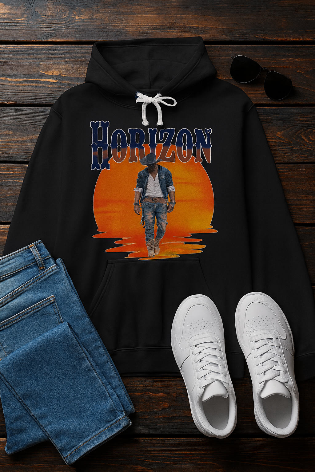 Horizon Cowboy Sunset Hoodie | Western Graphic Unisex Hoodie | Rustic Rodeo Country Style Sweatshirt
