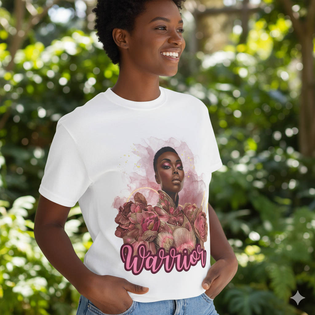 Warrior Queen Tee| Breast Cancer Awareness Shirt for Women | Rose Gold Warrior Tee | Pink Ribbon Strength Gift | Survivor Empowerment Apparel  Description: