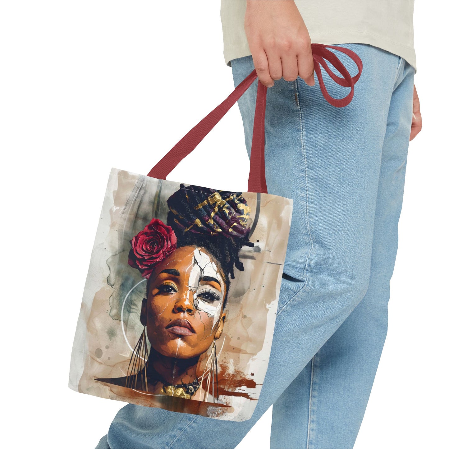 Crowned in Truth Afrocentric Tote Bag, Cracked Portrait Art Tote with Rose, Black Queen Shoulder Bag, Cultural Art Tote for Women