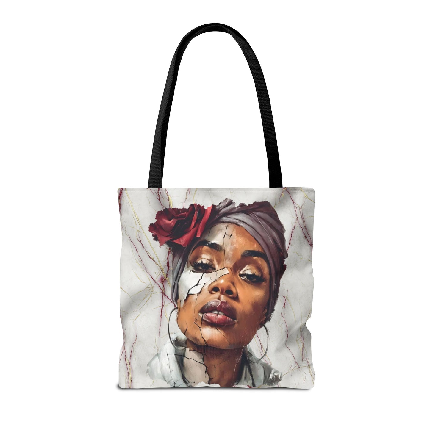Regal Fracture Afrocentric Tote Bag, Cracked Portrait Art Tote with Red Rose, Black Queen Shoulder Bag, Cultural Fashion Tote for Women