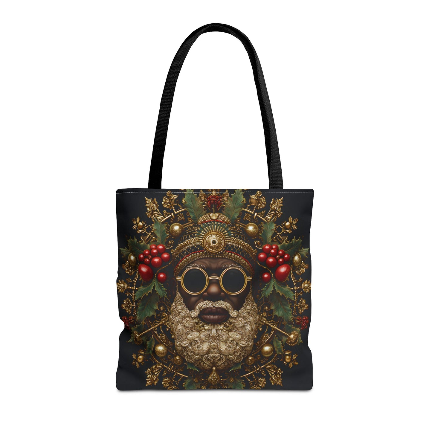 Afrocentric Black Santa Holiday Tote – Festive Christmas Bag with Gold & Holly Details