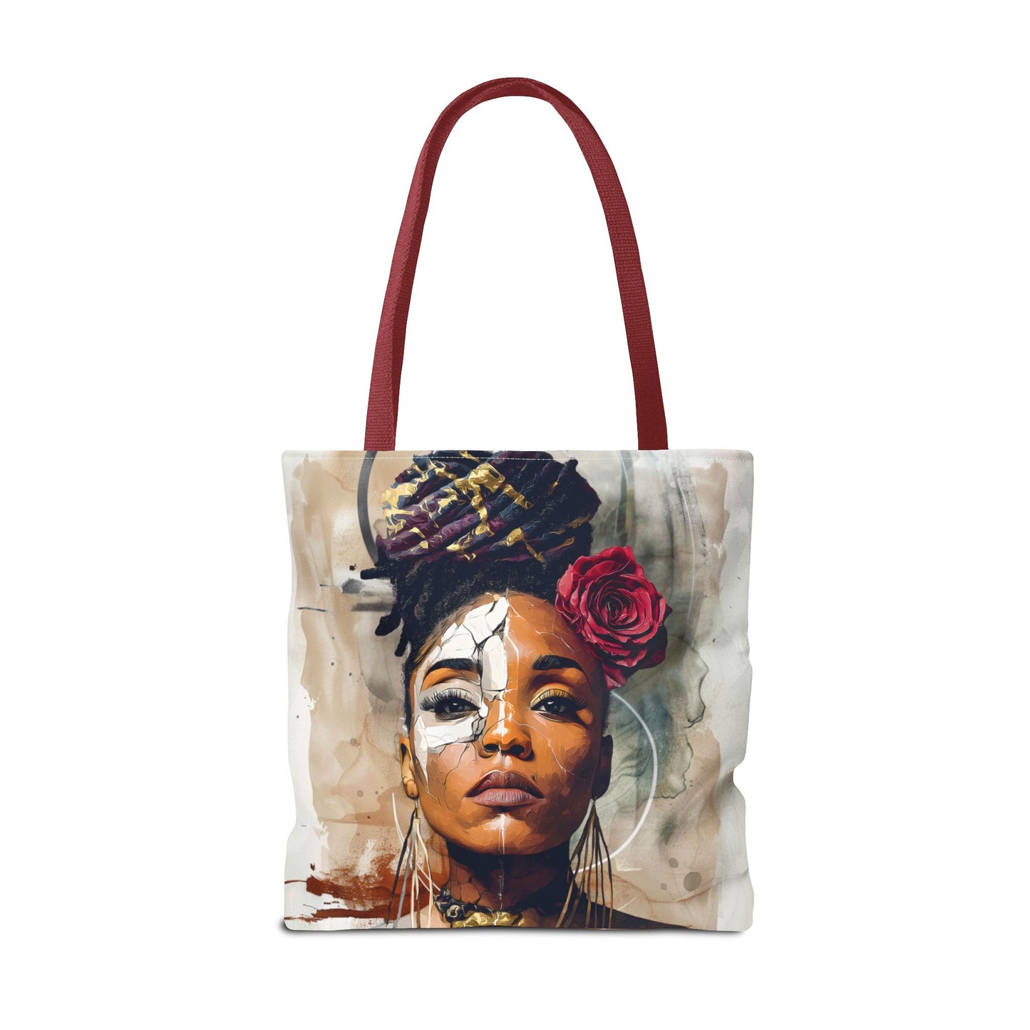 Crowned in Truth Afrocentric Tote Bag, Cracked Portrait Art Tote with Rose, Black Queen Shoulder Bag, Cultural Art Tote for Women