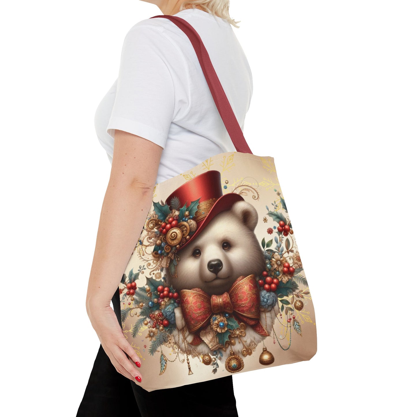 Christmas Bear Tote Bag, Whimsical Holiday Animal Tote, Cute Winter Bear Art Bag, Festive Gift Tote for Women, Seasonal Shopping Bag