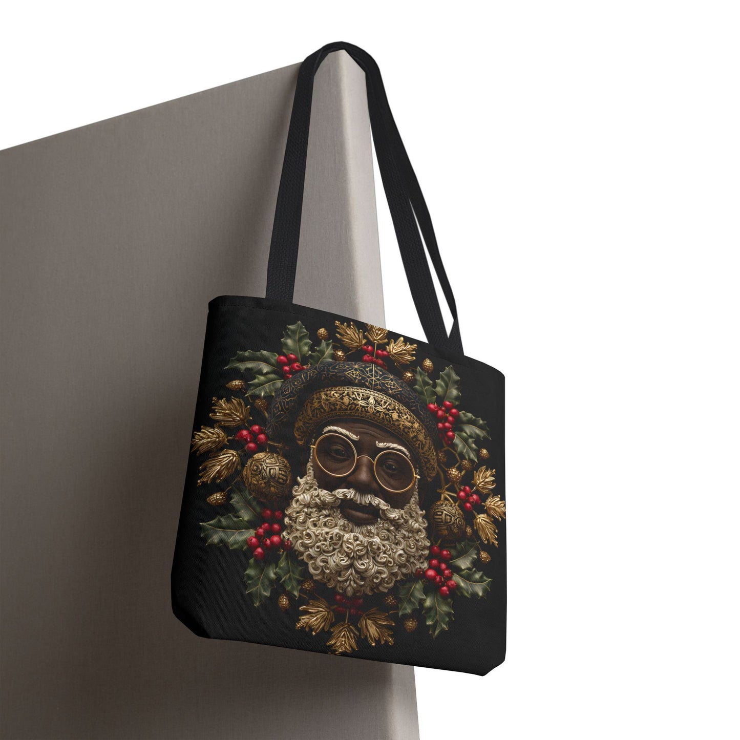 Royal Black Santa Tote Bag – Afrocentric Christmas Tote, Gold & Holly Holiday Design