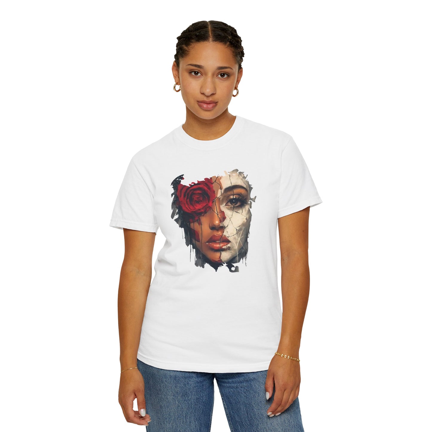 Scarlet Veil T-Shirt | Bold Empowerment Graphic Tee | Feminine Strength & Resilience Art Shirt