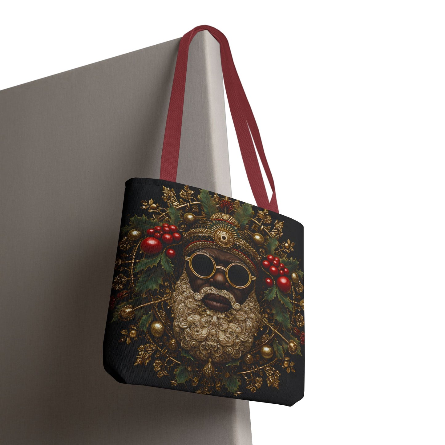 Afrocentric Black Santa Holiday Tote – Festive Christmas Bag with Gold & Holly Details