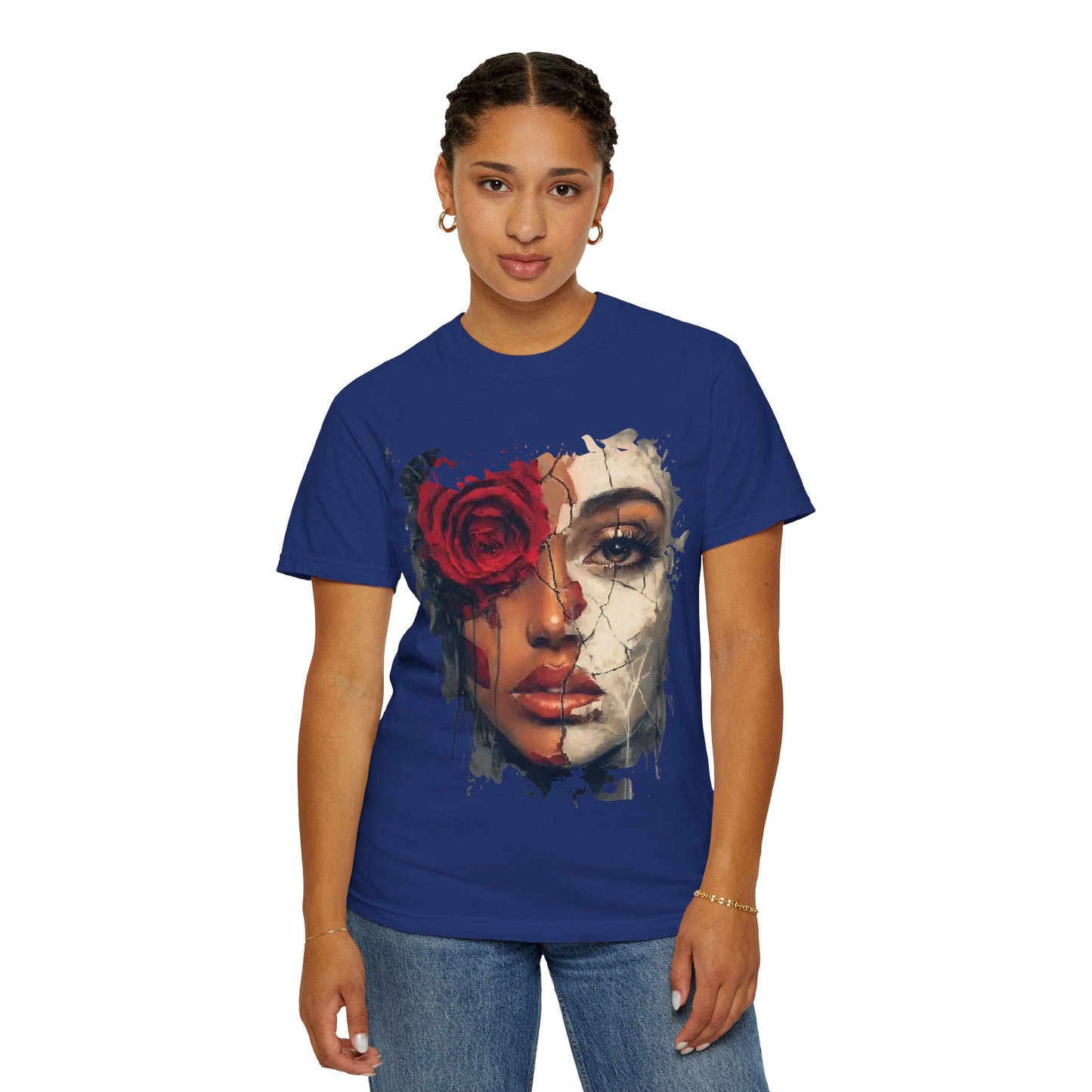 Scarlet Veil Empowerment Tee” or “Cracked Porcelain Resilience Shirt”