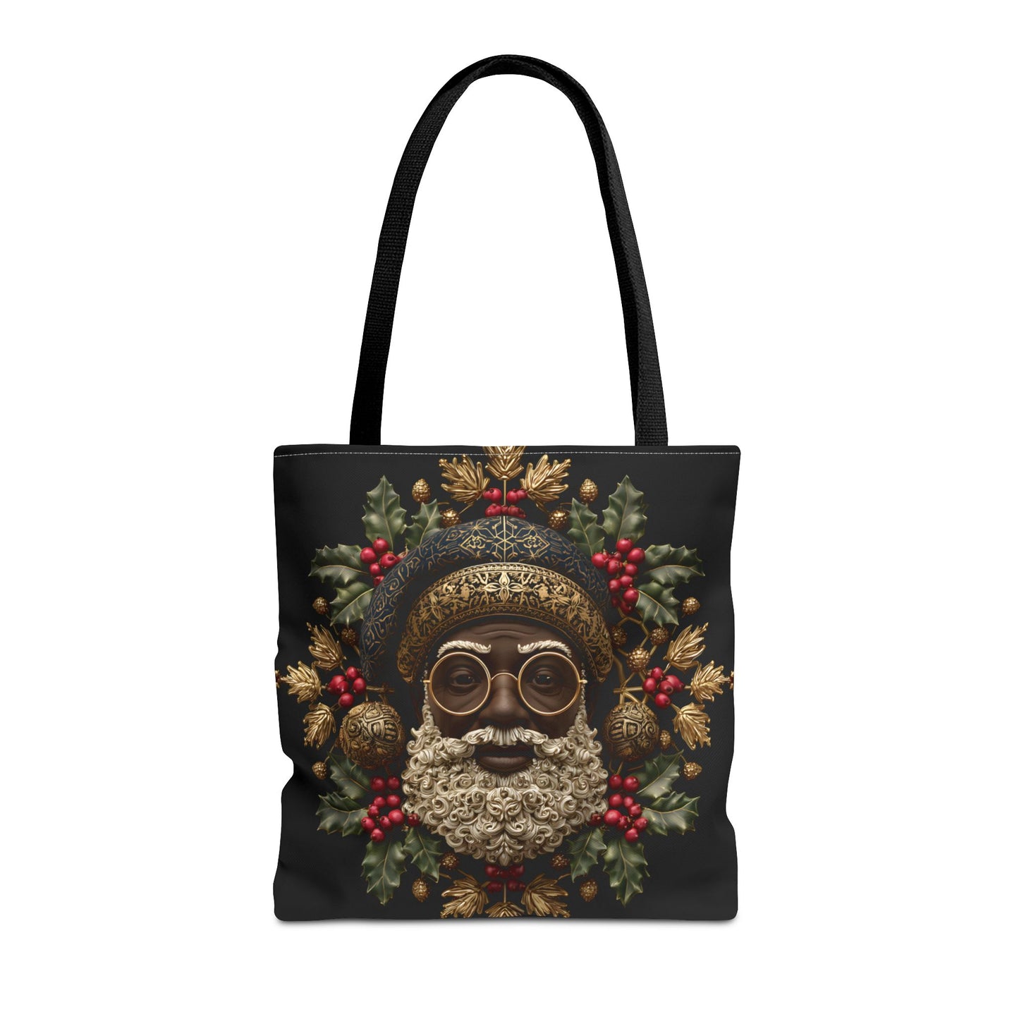 Royal Black Santa Tote Bag – Afrocentric Christmas Tote, Gold & Holly Holiday Design