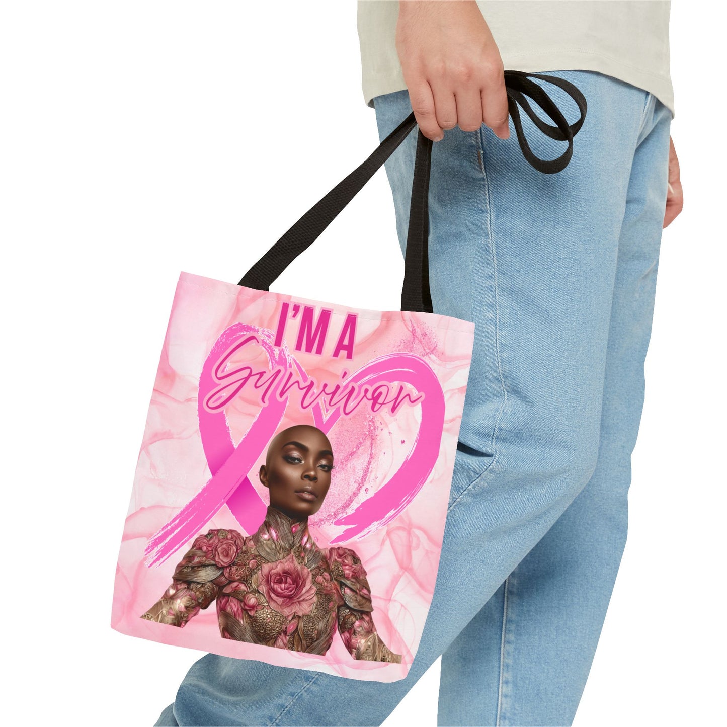 Survivor Tote Bag - 'I'm a Survivor' Pink Ribbon Heart Canvas Tote| Breast Cancer Awareness Tee | Pink Ribbon Shirt for Women | Black Woman Survivor Empowerment Gift | October Awareness Apparel