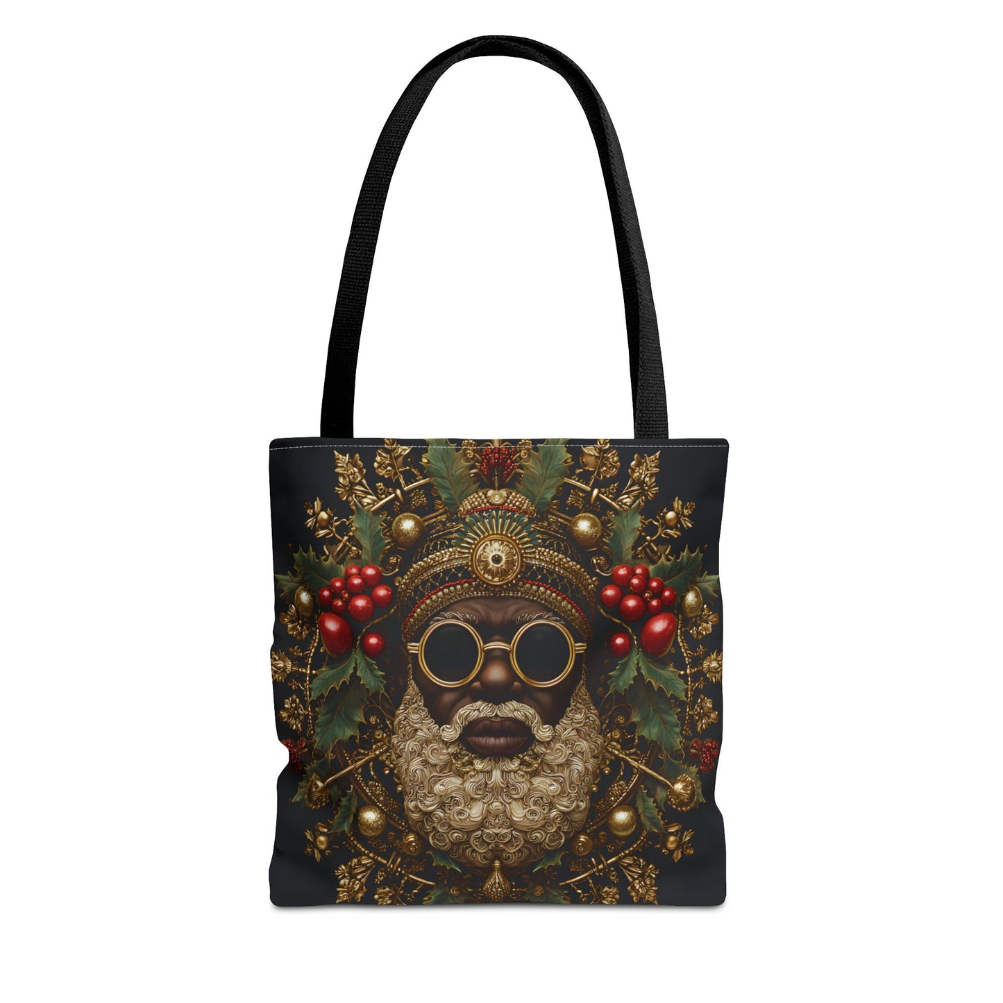 Afrocentric Black Santa Holiday Tote – Festive Christmas Bag with Gold & Holly Details