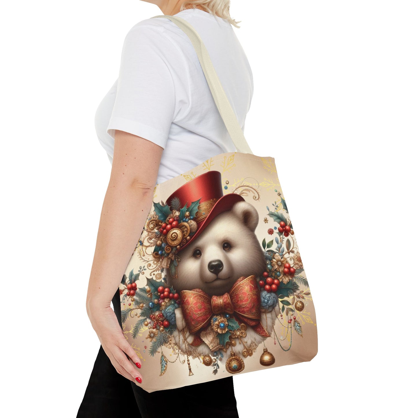 Christmas Bear Tote Bag, Whimsical Holiday Animal Tote, Cute Winter Bear Art Bag, Festive Gift Tote for Women, Seasonal Shopping Bag