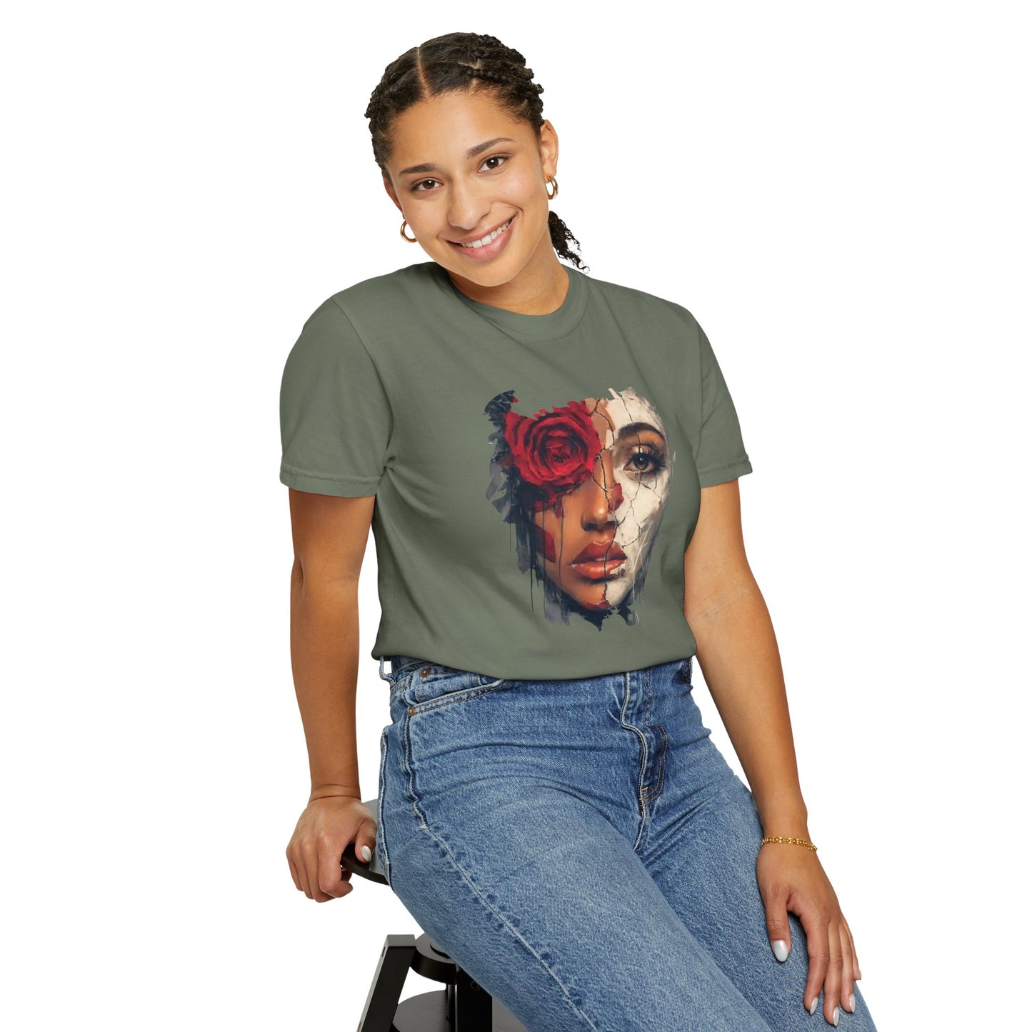 Scarlet Veil T-Shirt | Bold Empowerment Graphic Tee | Feminine Strength & Resilience Art Shirt
