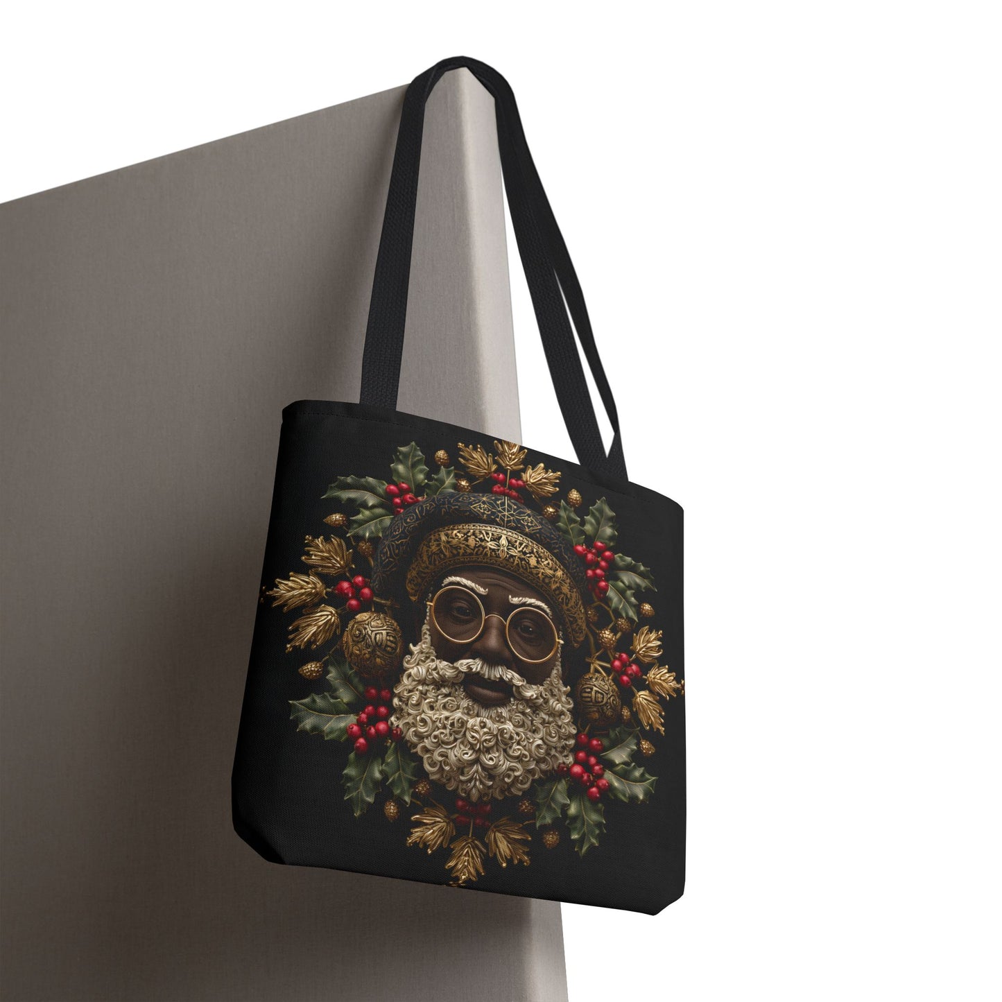 Royal Black Santa Tote Bag – Afrocentric Christmas Tote, Gold & Holly Holiday Design