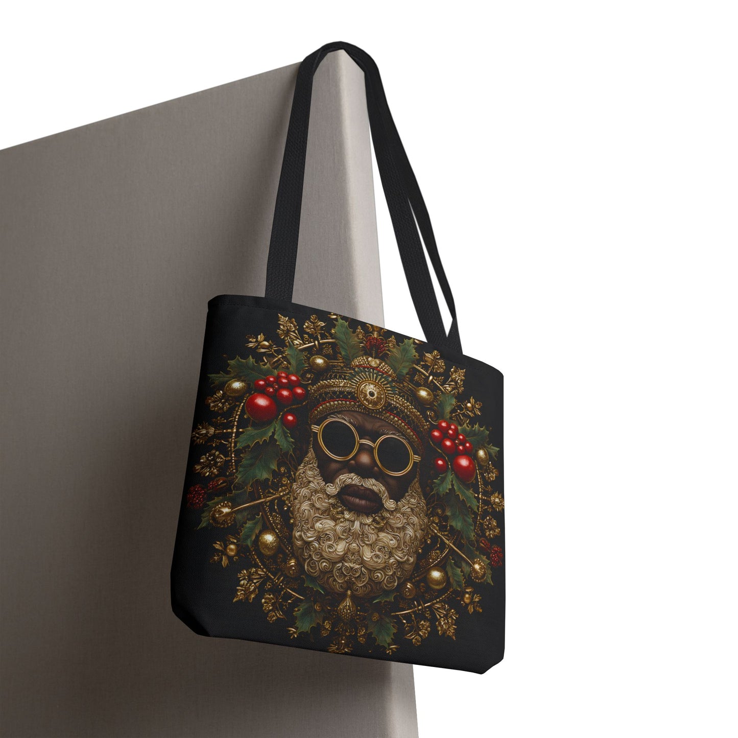 Afrocentric Black Santa Holiday Tote – Festive Christmas Bag with Gold & Holly Details