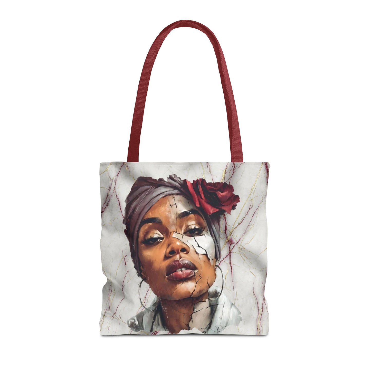 Regal Fracture Afrocentric Tote Bag, Cracked Portrait Art Tote with Red Rose, Black Queen Shoulder Bag, Cultural Fashion Tote for Women