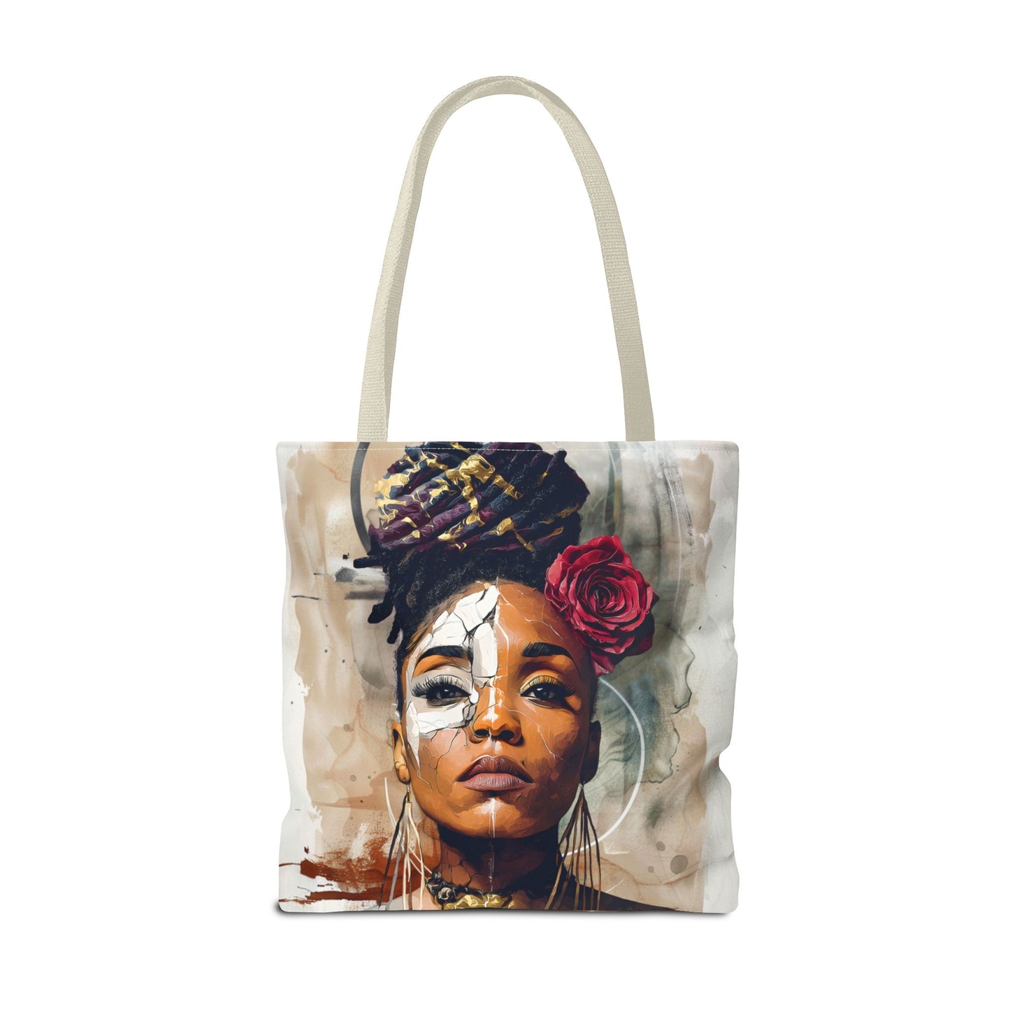 Crowned in Truth Afrocentric Tote Bag, Cracked Portrait Art Tote with Rose, Black Queen Shoulder Bag, Cultural Art Tote for Women