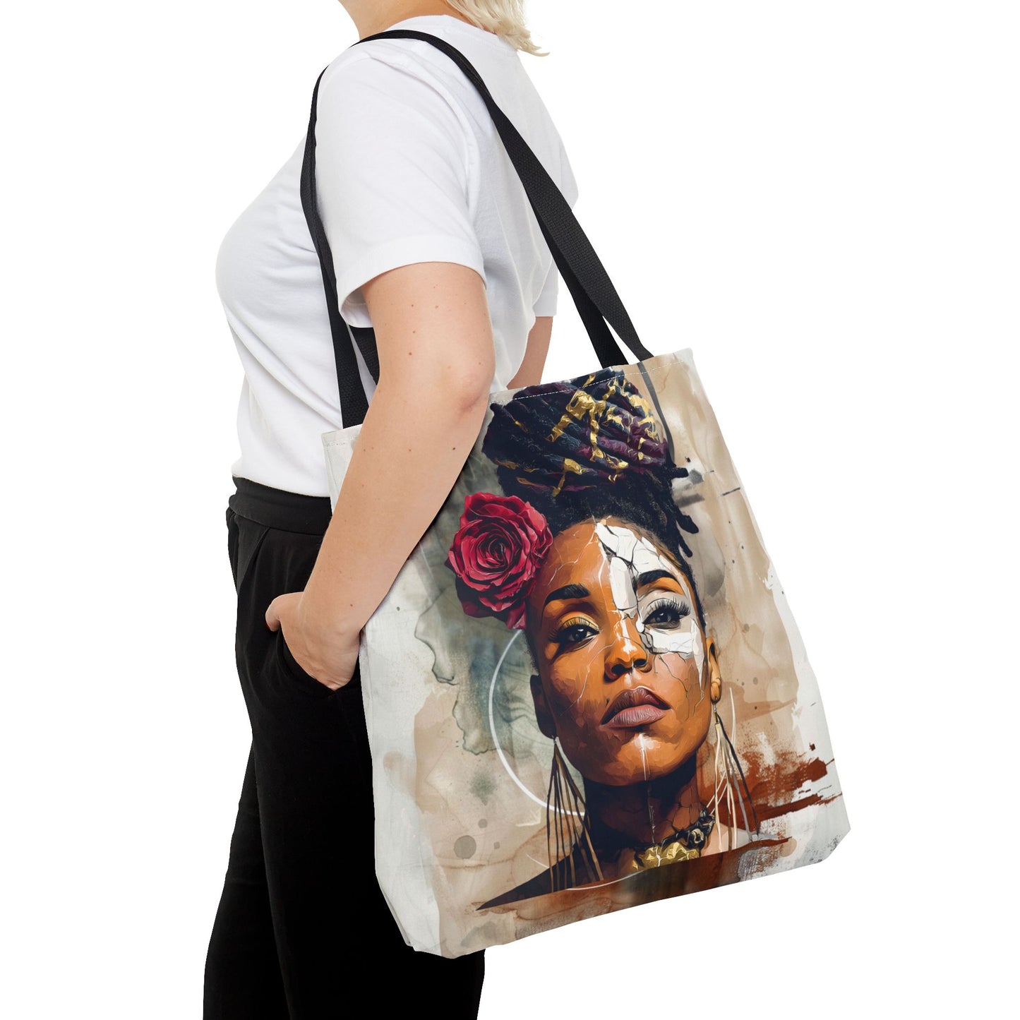 Crowned in Truth Afrocentric Tote Bag, Cracked Portrait Art Tote with Rose, Black Queen Shoulder Bag, Cultural Art Tote for Women