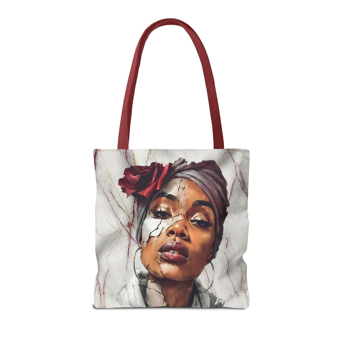 Regal Fracture Afrocentric Tote Bag, Cracked Portrait Art Tote with Red Rose, Black Queen Shoulder Bag, Cultural Fashion Tote for Women