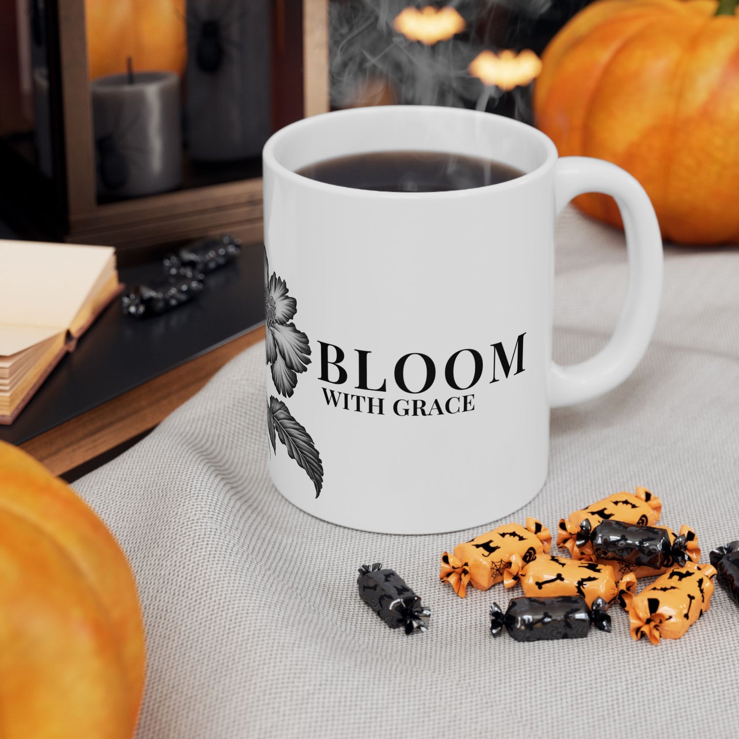 Floral 'Bloom With Grace Ceramic Mug — Vintage Black Botanical Coffee Cup (11oz, 15oz)