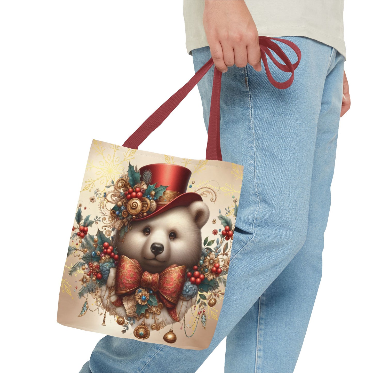 Christmas Bear Tote Bag, Whimsical Holiday Animal Tote, Cute Winter Bear Art Bag, Festive Gift Tote for Women, Seasonal Shopping Bag