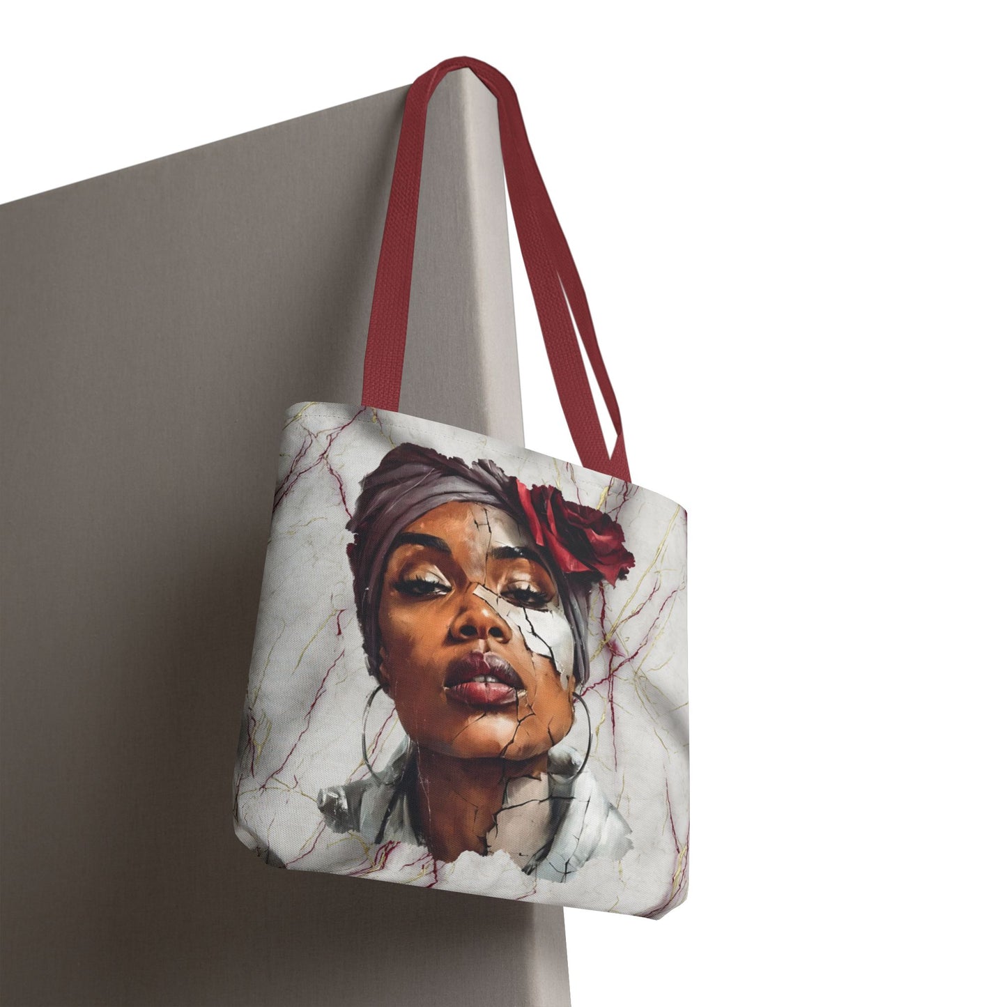 Regal Fracture Afrocentric Tote Bag, Cracked Portrait Art Tote with Red Rose, Black Queen Shoulder Bag, Cultural Fashion Tote for Women