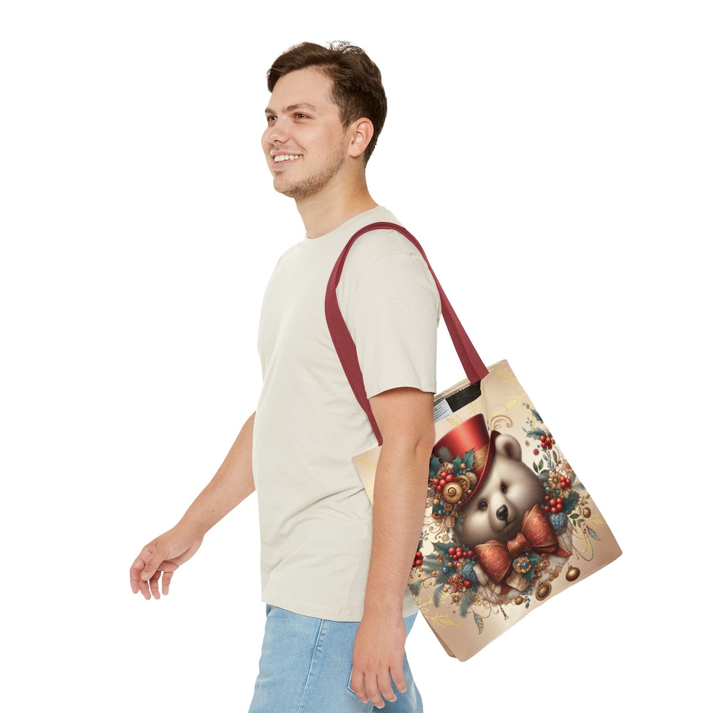 Christmas Bear Tote Bag, Whimsical Holiday Animal Tote, Cute Winter Bear Art Bag, Festive Gift Tote for Women, Seasonal Shopping Bag