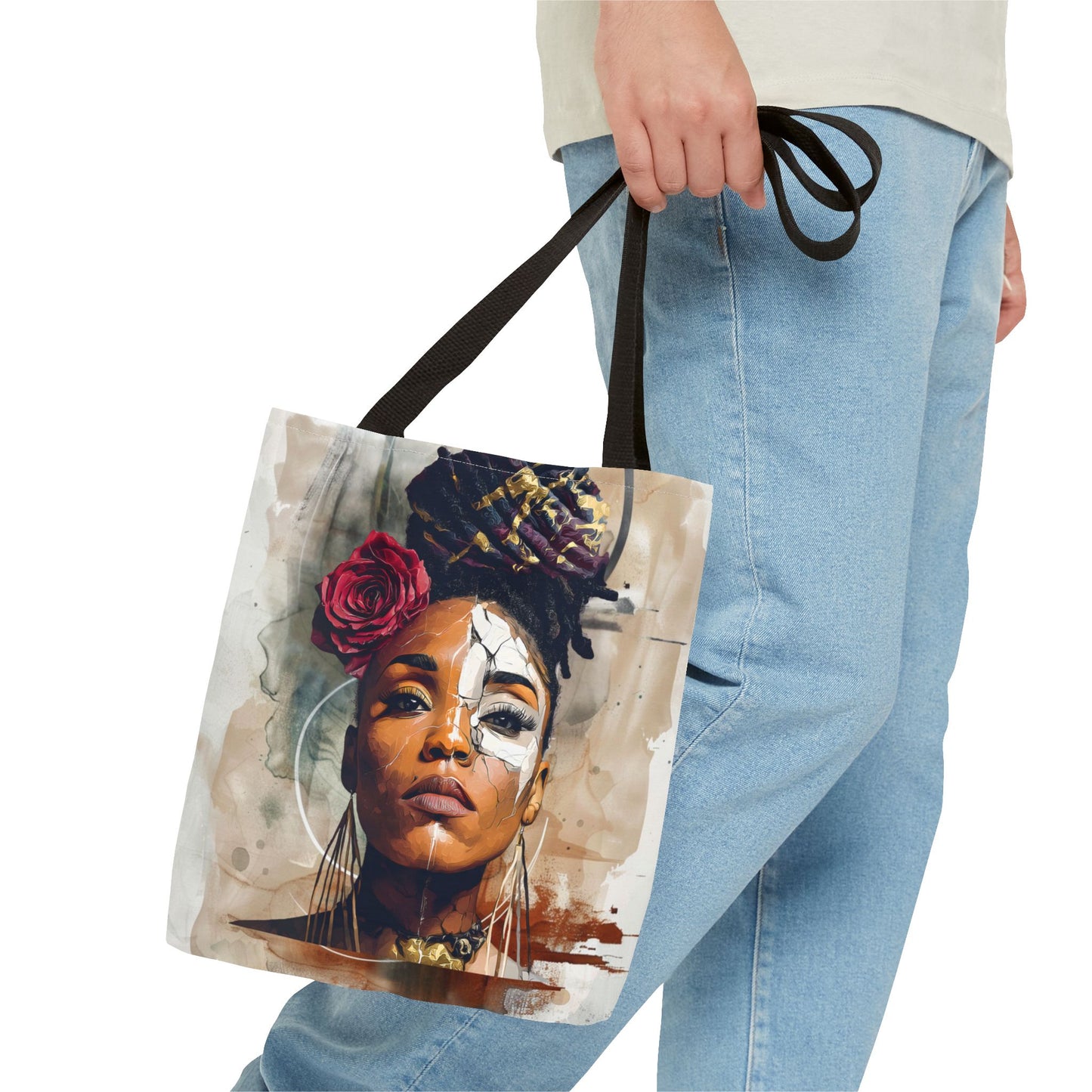 Crowned in Truth Afrocentric Tote Bag, Cracked Portrait Art Tote with Rose, Black Queen Shoulder Bag, Cultural Art Tote for Women