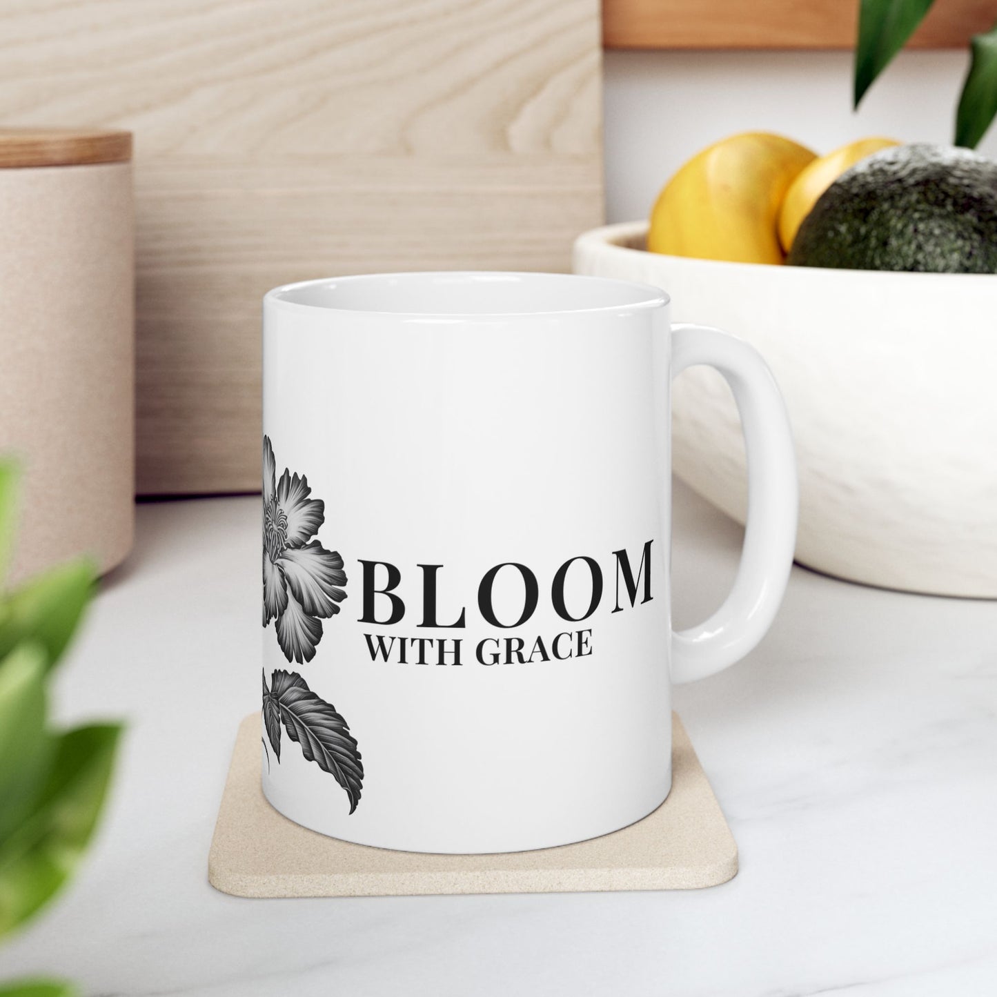 Floral 'Bloom With Grace Ceramic Mug — Vintage Black Botanical Coffee Cup (11oz, 15oz)