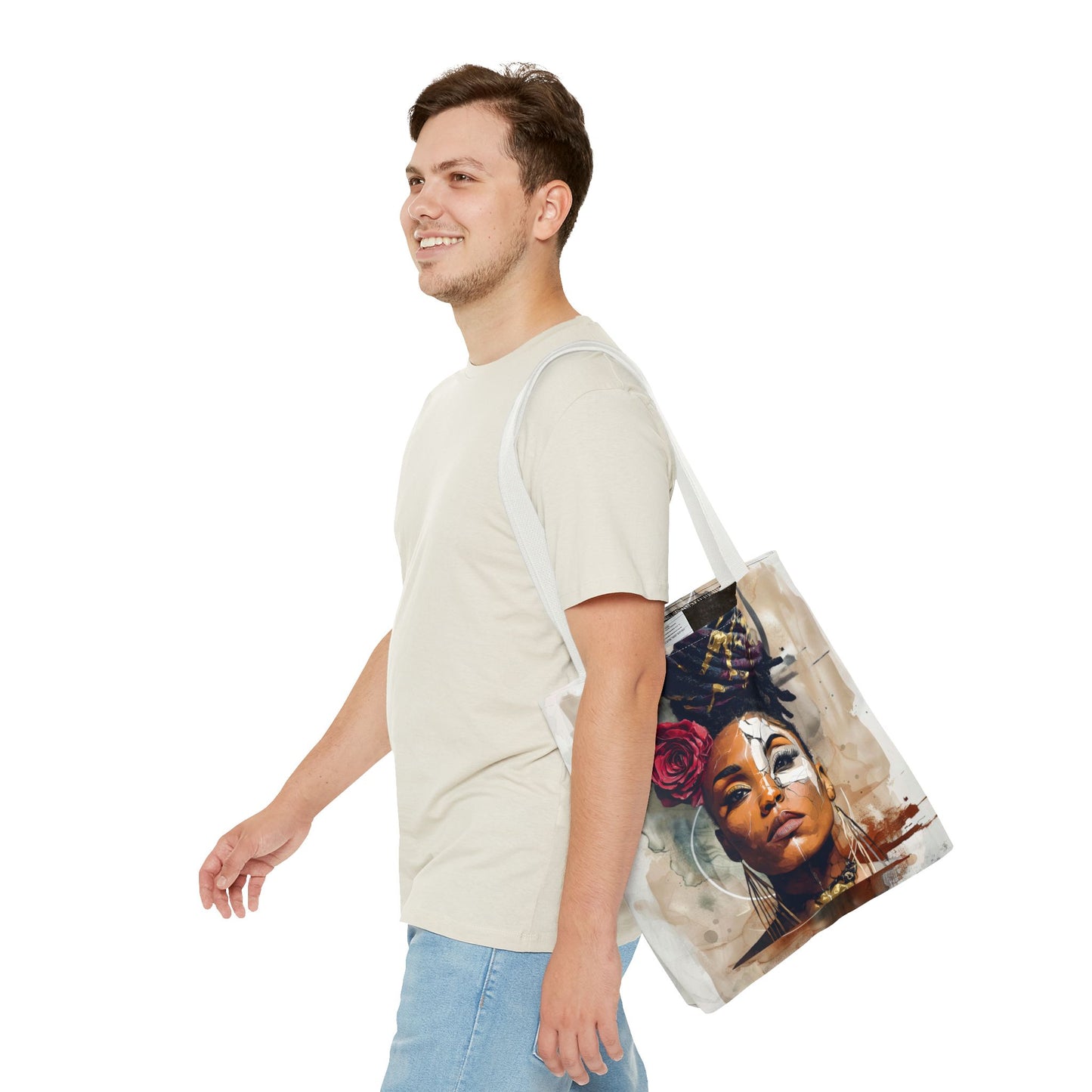 Crowned in Truth Afrocentric Tote Bag, Cracked Portrait Art Tote with Rose, Black Queen Shoulder Bag, Cultural Art Tote for Women