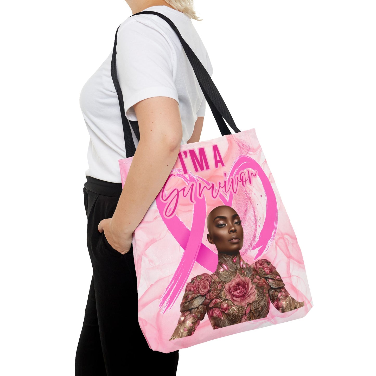 Survivor Tote Bag - 'I'm a Survivor' Pink Ribbon Heart Canvas Tote| Breast Cancer Awareness Tee | Pink Ribbon Shirt for Women | Black Woman Survivor Empowerment Gift | October Awareness Apparel