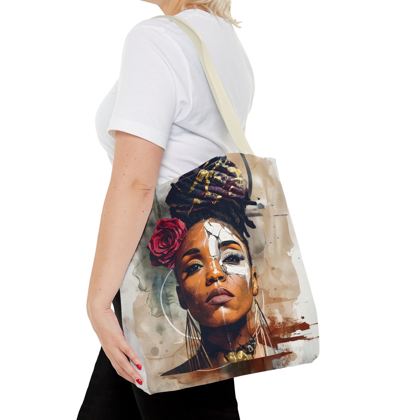 Crowned in Truth Afrocentric Tote Bag, Cracked Portrait Art Tote with Rose, Black Queen Shoulder Bag, Cultural Art Tote for Women