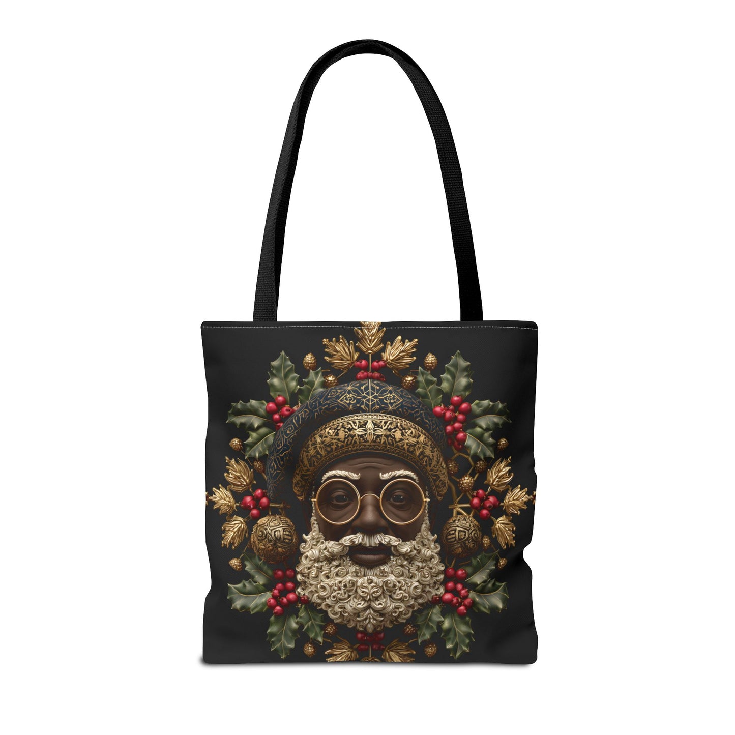 Royal Black Santa Tote Bag – Afrocentric Christmas Tote, Gold & Holly Holiday Design