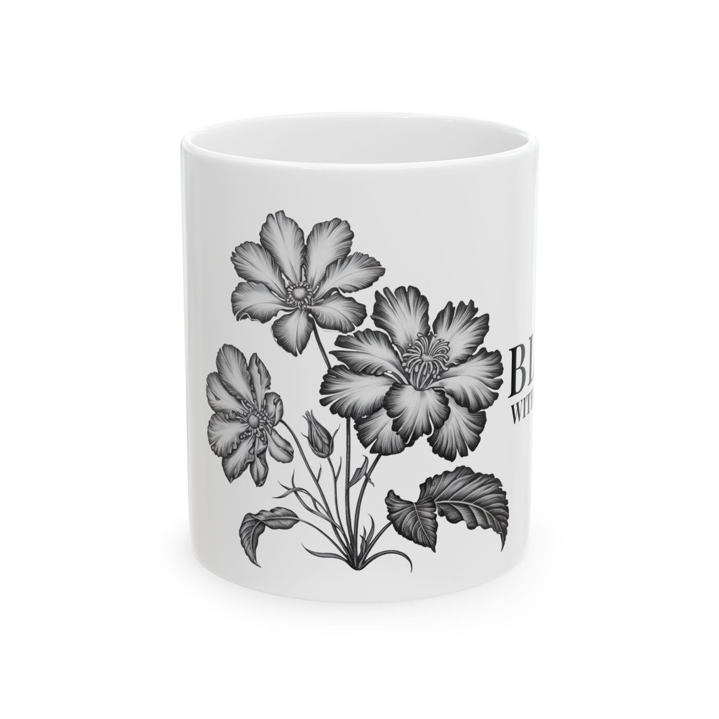 Floral 'Bloom With Grace Ceramic Mug — Vintage Black Botanical Coffee Cup (11oz, 15oz)