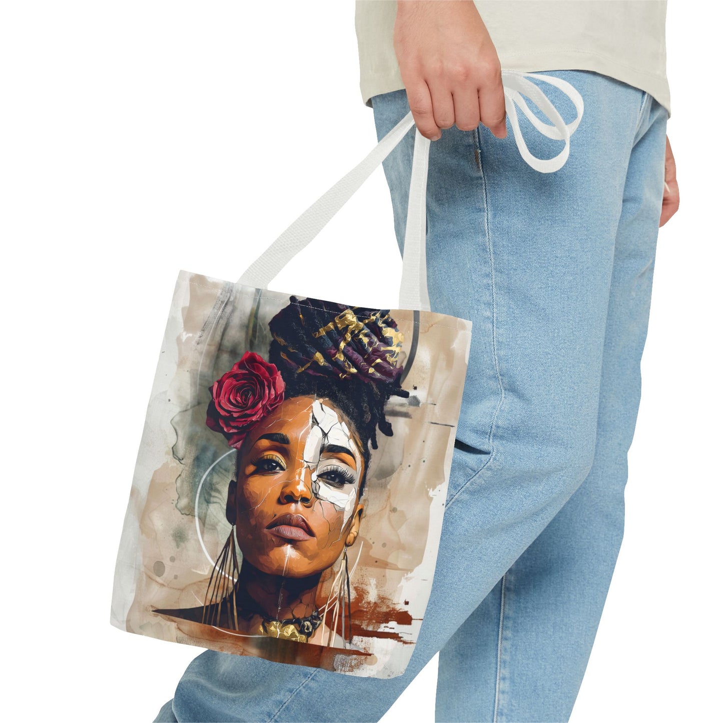 Crowned in Truth Afrocentric Tote Bag, Cracked Portrait Art Tote with Rose, Black Queen Shoulder Bag, Cultural Art Tote for Women